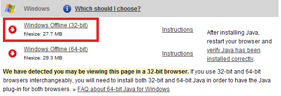 In this instance, we have chosen to download Windows Offline (32bit) for a Windows based computer. Click the link to start the download process.